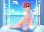  ahoge arm_support ass back bare_legs barefoot bed bed_sheet bloom blue_sky blush breasts breasts_outside brown_hair butt_crack cloud day from_behind horizon indoors leaning_to_the_side looking_at_viewer looking_back medium_breasts nipples no_bra no_pants ocean on_bed open_window original panties railing shirt shirt_lift short_hair_with_long_locks sitting sky smile soles solo sweater_vest takuya_kame toes underwear white_panties white_shirt window yellow_eyes 