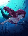  :d ariel_(disney) blue_eyes breasts bubble cleavage fish highres kokuchuutei long_hair looking_at_viewer medium_breasts mermaid monster_girl open_mouth red_hair shell shell_bikini smile solo the_little_mermaid underwater 