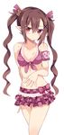  absurdres arm_behind_back armband bare_shoulders bikini bikini_skirt blush brown_hair collarbone cowboy_shot front-tie_bikini front-tie_top hair_between_eyes hair_ornament hand_on_own_stomach highres himekaidou_hatate long_hair looking_at_viewer maturiuta_sorato pointy_ears purple_bikini red_eyes simple_background solo swimsuit touhou twintails white_background 