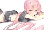  ass blue_eyes blush breasts eyes_visible_through_hair kojiki-life long_hair looking_at_viewer low_twintails lying medium_breasts megurine_luka midriff on_stomach pink_hair short_sleeves skirt solo thighhighs twintails vocaloid white_background 