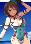  adapted_costume bare_shoulders black_choker blue_eyes breasts brown_hair choker cleavage cloud day downscaled gloves hair_ornament hairclip hat highres horosuke_(toot08) image_sample kantai_collection large_breasts leotard maya_(kantai_collection) md5_mismatch mini_hat ocean one_eye_closed race_queen remodel_(kantai_collection) resized shadow skin_tight solo twitter_sample 