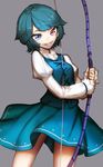  between_breasts bow_(weapon) breasts heterochromia juliet_sleeves long_sleeves looking_at_viewer puffy_sleeves shirt skirt smile solo tatara_kogasa thupoppo tongue tongue_out touhou vest weapon yumi_(bow) 