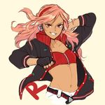  belt black_gloves brella clenched_hand crop_top eyeshadow fingerless_gloves gloves grin hand_behind_head headphones jacket long_hair looking_at_viewer makeup midriff navel open_clothes open_jacket pink_hair red_eyes ruby_(vocaloid) smile solo tan track_jacket vocaloid 