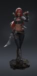  boots breasts bustier choker cleavage cropped_jacket crossed_legs dagger dual_wielding faux_figurine full_body greaves gui_guimaraes holding holster katarina_du_couteau knee_boots league_of_legends light_smile long_hair medium_breasts midriff navel pants pauldrons red_hair scar scar_across_eye solo statue sword tattoo thigh_gap thigh_holster thighhighs weapon 