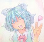  :d acrylic_paint_(medium) blue_eyes blue_hair bow cirno eyelashes graphite_(medium) hair_bow head_tilt heart looking_at_viewer open_mouth ribbon salute short_hair smile solo touhou traditional_media upper_body vulcan_salute watercolor_(medium) white_background yuyu_(00365676) 