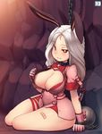  animal_ears bandaid blade_&amp;_soul breasts bunny_ears chain cleavage collar cuffs dress drugs fang gloves injection large_breasts long_hair lyn_(blade_&amp;_soul) pasties rabbitbrush red_eyes short_dress silver_hair sitting smile solo symbol-shaped_pupils syringe tail 