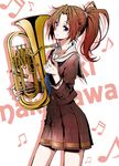  beamed_eighth_notes beamed_sixteenth_notes blue_neckwear brown_hair character_name collarbone earbuds earphones eighth_note euphonium hibike!_euphonium highres instrument looking_at_viewer musical_note nakagawa_natsuki neckerchief pleated_skirt ponytail purple_eyes school_uniform serafuku single_earphone_removed skirt solo vice_(kuronekohadokoheiku) 