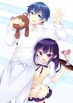  1girl :d apron blue_eyes blue_hair blush chef_uniform closed_eyes daisy_(working!!) highres long_hair momoirone open_mouth parfait purple_eyes purple_hair short_hair smile souma_hiroomi teeth thighhighs tongue tray waitress working!! yamada_aoi 