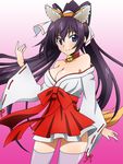  animal_ears bare_shoulders bell black_hair blue_eyes breasts cleavage fox_ears highres infinite_stratos japanese_clothes jingle_bell long_hair masako_(sabotage-mode) medium_breasts miko ponytail shinonono_houki tail thighhighs 