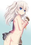  ass blue_eyes breasts brown_skirt charlotte_(anime) flat_ass fuyuichi gradient gradient_background long_hair looking_at_viewer medium_breasts no_bra no_panties nude school_uniform skirt solo tomori_nao two_side_up white_hair x-ray 