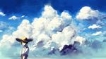  blue_sky canarinu cloud day green_eyes hat highres original outdoors short_hair sky solo straw_hat wide_shot 