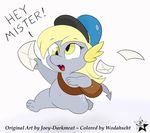  2015 absurd_res bag cutie_mark derpy_hooves_(mlp) dragon english_text envelope fangs female friendship_is_magic hat hi_res joey-darkmeat my_little_pony open_mouth solo text tongue wodahseht yellow_eyes 