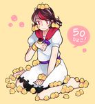  animal animal_on_head animal_on_shoulder barefoot bird black_hair bracelet chick cosplay dress horns jewelry kijin_seija multicolored_hair nekolina on_head puffy_short_sleeves puffy_sleeves red_eyes short_hair short_sleeves sitting streaked_hair sukuna_shinmyoumaru sukuna_shinmyoumaru_(cosplay) sweat too_many too_many_chicks touhou wariza yellow_background 