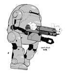  dated full_body greyscale gun july machine_gun mecha mechatrowego monochrome no_humans robot science_fiction smoke solo tsukudani_(coke-buta) walking weapon 