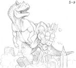  5-d black_and_white carnotaurus city claws destruction dinosaur feral fully_sheathed happy hindpaw macro monochrome open_mouth paws scalie sheath smile teeth theropod 