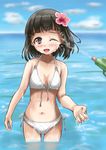  bikini black_hair brown_eyes idolmaster idolmaster_cinderella_girls niwa_hitomi short_hair swimsuit wading water water_gun white_bikini yummy_(donyat1983) 