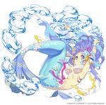  air_bubble blue_eyes blue_hair breasts bubble floating_hair full_body large_breasts long_hair looking_at_viewer mansu mermaid monster_girl official_art original ribbon simple_background solo underwater white_background 
