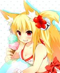  animal_ears ball beachball bell bikini blonde_hair blush breasts cleavage collarbone double_scoop flower food fox_ears fox_tail hair_flower hair_ornament heart heart_background hibiscus ice_cream ice_cream_cone jingle_bell kuroneko0202 looking_at_viewer medium_breasts open_mouth original red_eyes simple_background solo swimsuit tail teeth 