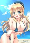  :d alternate_costume atago_(kantai_collection) bad_id bad_pixiv_id bare_arms bare_legs bare_shoulders beach bikini blonde_hair blue_bikini blue_eyes breast_hold breasts collarbone day hair_between_eyes hat kantai_collection large_breasts long_hair micro_bikini muramura navel ocean open_mouth outdoors revealing_clothes sideboob smile solo stomach swimsuit 