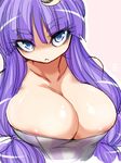  areola_slip areolae bare_shoulders blue_eyes breasts cleavage huge_breasts long_hair looking_at_viewer patchouli_knowledge purple_hair solo tajima_yuuki touhou 