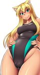  animal_ears blonde_hair blue_eyes breasts cameltoe cat_ears collarbone competition_swimsuit dark_skin hands_on_hips large_breasts long_hair looking_at_viewer nokoppa one-piece_swimsuit original simple_background smile solo swimsuit white_background 