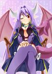  alma_elma bad_id bad_pixiv_id bangs breasts cape chair cleavage crossed_legs demon_girl hair_ornament horns isada_(daisa) large_breasts long_hair mon-musu_quest! monster_girl one_eye_closed pointy_ears purple_hair purple_legwear red_eyes revealing_clothes sitting smile succubus tail tattoo thighhighs wings 