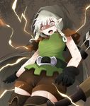  arano_oki arrow bare_arms belt boots braid brown_footwear cape capelet dragon's_crown elf elf_(dragon's_crown) highres hood open_mouth pointy_ears shaded_face shirt shocked_eyes shorts silver_hair sleeveless sleeveless_shirt solo sweat tears thigh_boots thighhighs twin_braids 