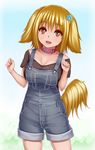  animal_ears breasts brown_eyes cleavage collar collarbone dog_ears dog_tail flower hair_flower hair_ornament highres irudana large_breasts light_brown_hair looking_at_viewer open_mouth original overalls paw_pose shirt short_sleeves smile solo tail 