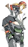  anchor_hair_ornament bad_id bad_nicoseiga_id between_breasts blonde_hair blue_eyes breasts from_behind gloves goggles goggles_on_head grey_legwear ground_vehicle gun hair_ornament helmet highres kantai_collection long_hair looking_at_viewer low_twintails machine_gun medium_breasts mg42 motor_vehicle motorcycle ninimo_nimo prinz_eugen_(kantai_collection) simple_background skirt solo thighhighs twintails weapon white_background white_gloves 