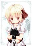  blonde_hair cat cocozasa collarbone crossed_arms hair_ribbon puffy_short_sleeves puffy_sleeves red_eyes ribbon rumia shirt short_sleeves skirt skirt_set smile solo touhou vest 