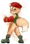  1boshi anthro ass awkward blush boot butt cammy_white cammy_white_(cosplay) canine capcom clothed clothing cosplay crossdressing crossover fox fox_mccloud fur furry gradient gradient_background green_eyes hat japanese kemono mammal nintendo skimpy skin_tight smile solo star_fox tail video_games 