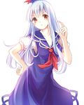  blue_dress blue_hair breasts cleavage collarbone contrapposto dress hat highres kamishirasawa_keine kashiwagi_chisame long_hair medium_breasts neckerchief puffy_short_sleeves puffy_sleeves red_eyes shirt short_sleeves silver_hair solo standing touhou very_long_hair 