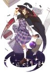  bad_id bad_twitter_id bow brown_eyes brown_hair cape glasses hat hat_bow hat_ribbon hichiko long_sleeves low_twintails open_mouth plaid red-framed_eyewear ribbon school_uniform shirt short_hair sign skirt skull smile solo touhou twintails usami_sumireko 