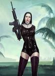  black_legwear blue_eyes bodysuit boots breasts cross-laced_footwear female gloves gradient gradient_background gun habit hitman_(game) lace-up_boots large_breasts latex latex_gloves lipstick makeup nun rifle skin_tight solo thigh_boots thighhighs w4 weapon 