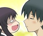  1girl black_hair blush chibi closed_eyes hetero imminent_kiss itou_makoto katsura_kotonoha open_mouth school_days wide_oval_eyes 