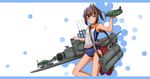  aircraft airplane ame. brown_eyes brown_hair cannon i-401_(kantai_collection) kantai_collection ponytail sailor_collar school_swimsuit short_hair swimsuit tan tanline 