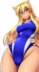  animal_ears blonde_hair blue_eyes breasts cameltoe cat_ears collarbone competition_swimsuit dark_skin hands_on_hips large_breasts long_hair looking_at_viewer nokoppa one-piece_swimsuit original simple_background smile solo swimsuit white_background 