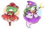  ^_^ capelet closed_eyes dress dress_lift frilled_dress frilled_ribbon frills front_ponytail ghost_tail green_hair hair_ribbon hat kagiyama_hina long_hair mima multiple_girls nekolina ribbon short_hair smile staff touhou touhou_(pc-98) wizard_hat 