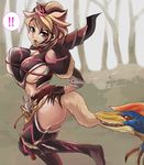  1girl anklet armor ass bad_id bad_pixiv_id blonde_hair bow bowtie breasts claws grey_eyes jewelry large_breasts monster_hunter no_panties short_hair speech_bubble stygian_zinogre_(armor) thighhighs tree underboob ussa-san velociprey 