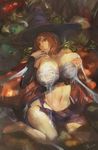  bare_shoulders black_gloves breasts brown_eyes brown_hair detached_sleeves dragon's_crown finger_in_mouth gloves grabbing_own_breast hat highres large_breasts long_hair looking_at_viewer lying midriff navel on_back slime solo sorceress_(dragon's_crown) tentencall thighs torn_clothes witch_hat 
