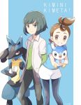  1girl artist_name bangs black_eyes black_legwear black_pants blue_background blue_shirt brown_eyes collarbone creatures_(company) eyebrows_visible_through_hair furry game_freak gen_4_pokemon green_hair green_shirt grey_eyes grin hair_tie happy holding holding_pokemon jacket jpeg_artifacts long_sleeves looking_at_viewer lucario makoto_(pokemon) matching_hair/eyes mei_(maysroom) nintendo pants pantyhose piplup pokemon pokemon_(anime) pokemon_(creature) pokemon_m20 red_eyes romaji shiny shiny_hair shirt short_hair short_shorts short_sleeves shorts signature simple_background smile souji_(pokemon) standing teeth tied_hair topknot two-tone_background white_jacket white_shorts 