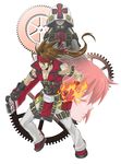  1girl 2boys ano_otoko arc_system_works aria_(guilty_gear) artist_request bare_shoulders belt brown_hair eyes_closed fingerless_gloves fire gears gloves guilty_gear headband hood long_hair multiple_boys pants ponytail red_eyes red_hair simple_background sol_badguy sword vest weapon 