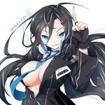  black_hair blue_eyes breasts closers fingerless_gloves gloves highres large_breasts long_hair looking_at_viewer ripe.c smile solo yuri_seo 