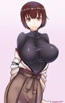  bad_id bad_pixiv_id breasts brown_eyes brown_hair brown_skirt collarbone hair_between_eyes highres hyuuga_(kantai_collection) impossible_clothes impossible_shirt japanese_clothes kantai_collection large_breasts looking_at_viewer muramura nontraditional_miko shirt short_hair skin_tight skirt skirt_set smile solo undershirt 