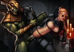  1girl artist_name blonde_hair breasts candle cassie_cage clothed_female_nude_male cum cum_in_pussy eyes_closed fingerless_gloves glasses gloves gradient gradient_background green_skin kotal_kahn large_breasts leg_lift mortal_kombat mortal_kombat_x navel nipples octomush open_mouth penis pussy sex sunglasses testicles uncensored 