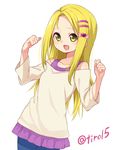  alternate_hairstyle arms_up artist_name blonde_hair chiroru_(7450n) commentary_request dress futari_wa_precure hair_down kujou_hikari long_hair precure sweater sweater_dress yellow_eyes 