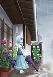  blue_eyes blue_hair closed_umbrella entrance flower geta highres hydrangea karakasa_obake kibisake rain short_hair solo tatara_kogasa touhou umbrella 