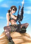  bikini black_bikini black_gloves boots breasts brown_hair combat_boots daniel_macgregor facepaint front-tie_bikini front-tie_top full_body gloves green_eyes gun holster lips md5_mismatch medium_breasts metal_gear_(series) metal_gear_solid_v midriff navel nose pantyhose ponytail quiet_(metal_gear) rifle rock scope sitting sniper_rifle solo suspenders swimsuit swimsuit_over_clothes thigh_holster torn_clothes torn_legwear underboob weapon 