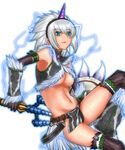  armpits bare_shoulders belt blue_eyes breasts elbow_gloves electricity gloves hairband horn kirin_(armor) looking_at_viewer medium_breasts midriff monster_hunter rokuichi short_hair silver_hair smile solo thighhighs thighs underboob weapon 