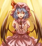  bat_wings blue_hair box brooch eredhen gift gift_box giving gradient gradient_background hat hat_ribbon jewelry looking_at_viewer mob_cap open_hands open_mouth outstretched_arms red_eyes remilia_scarlet ribbon short_hair skirt skirt_set slit_pupils solo touhou wings yellow_background 